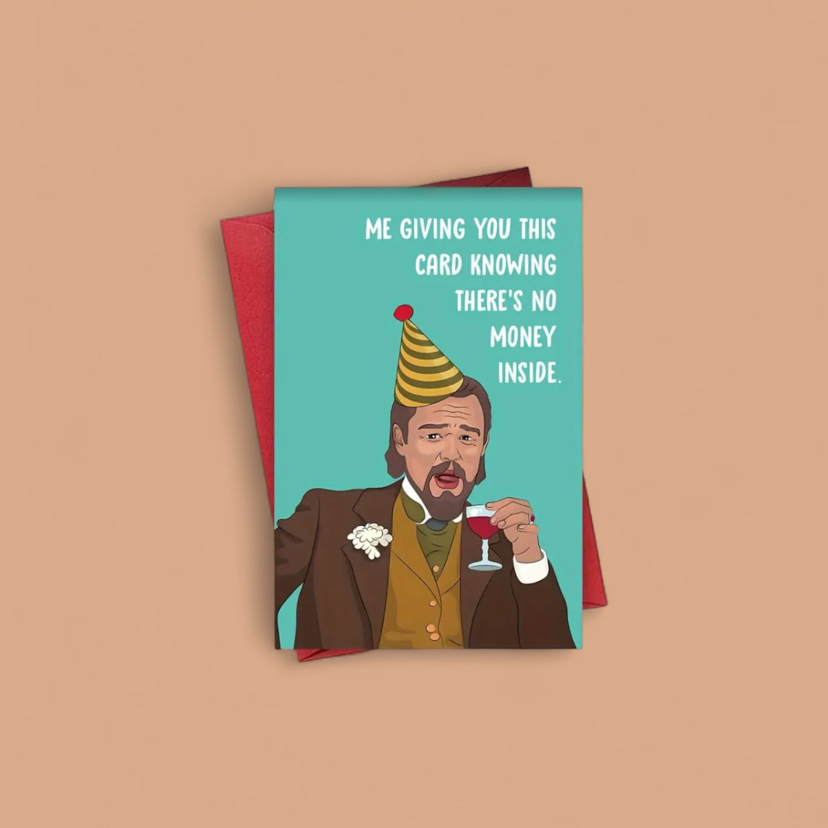 Funny birthday card meme style with man in party hat