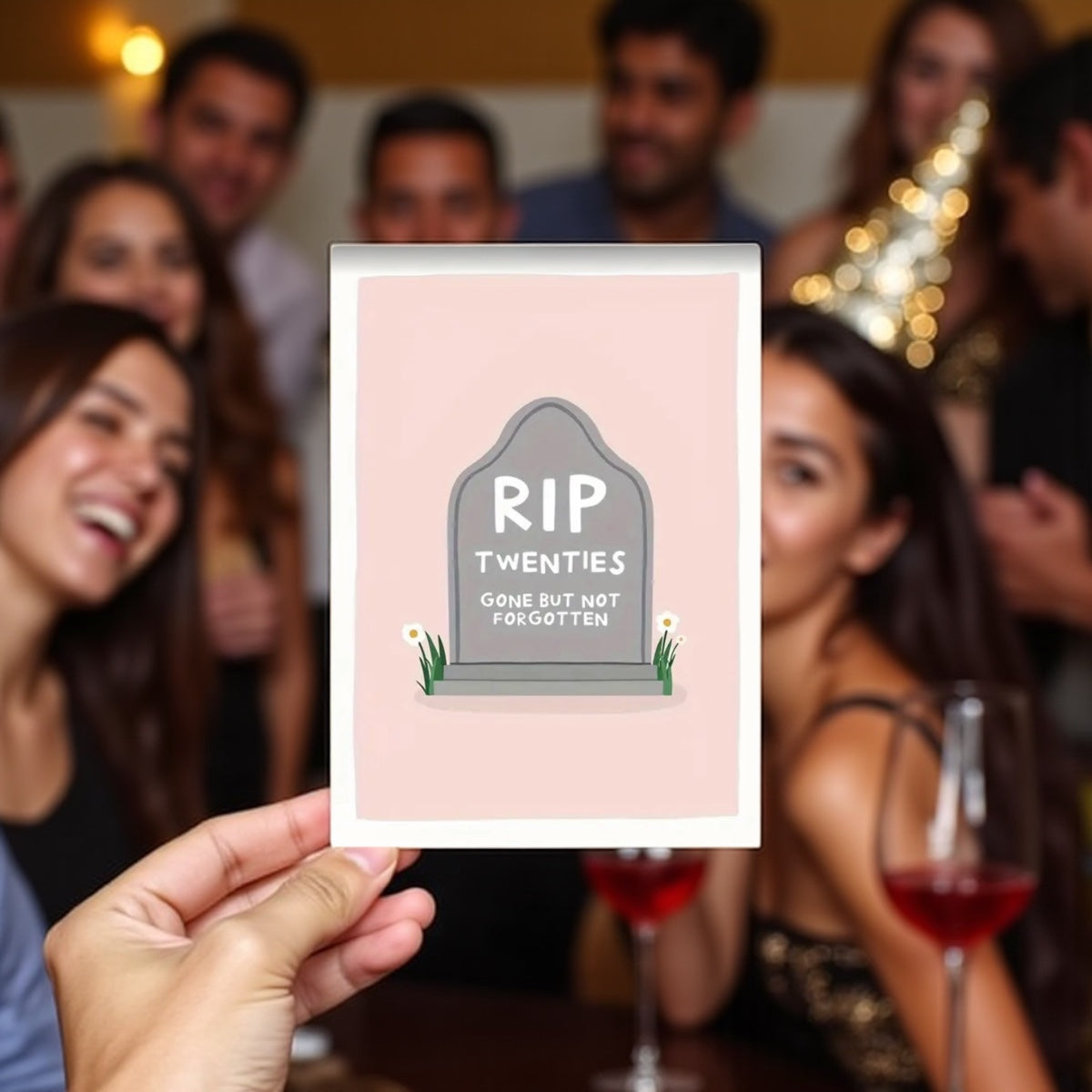Person holding a card with 'RIP Twenties' design in front of a group of people at a party.