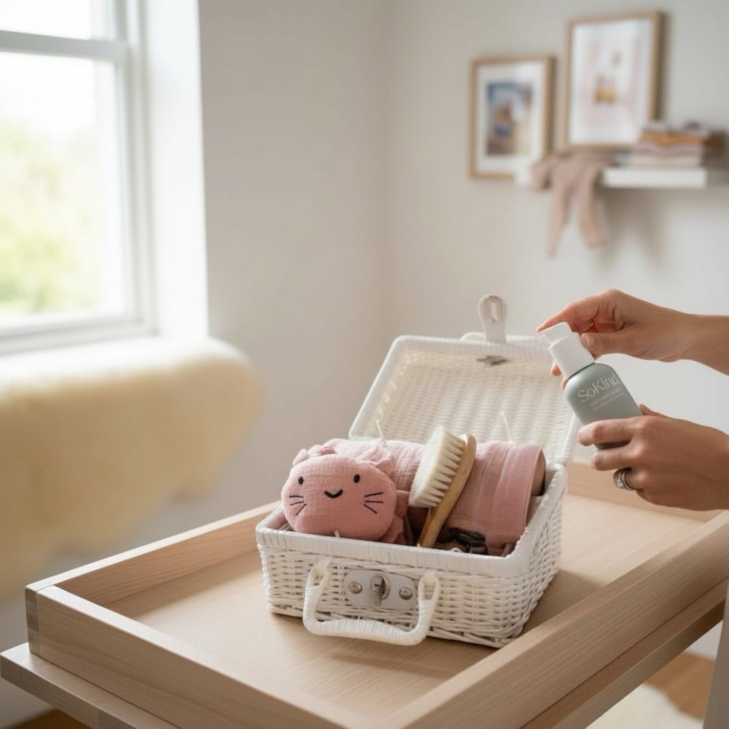 Mini heirloom baby gift set featuring a baby comfort bunny, a soft muslin blanket, a natural baby brush and SoKind baby moisturising lotion, presented in a white woven suitcase hamper.