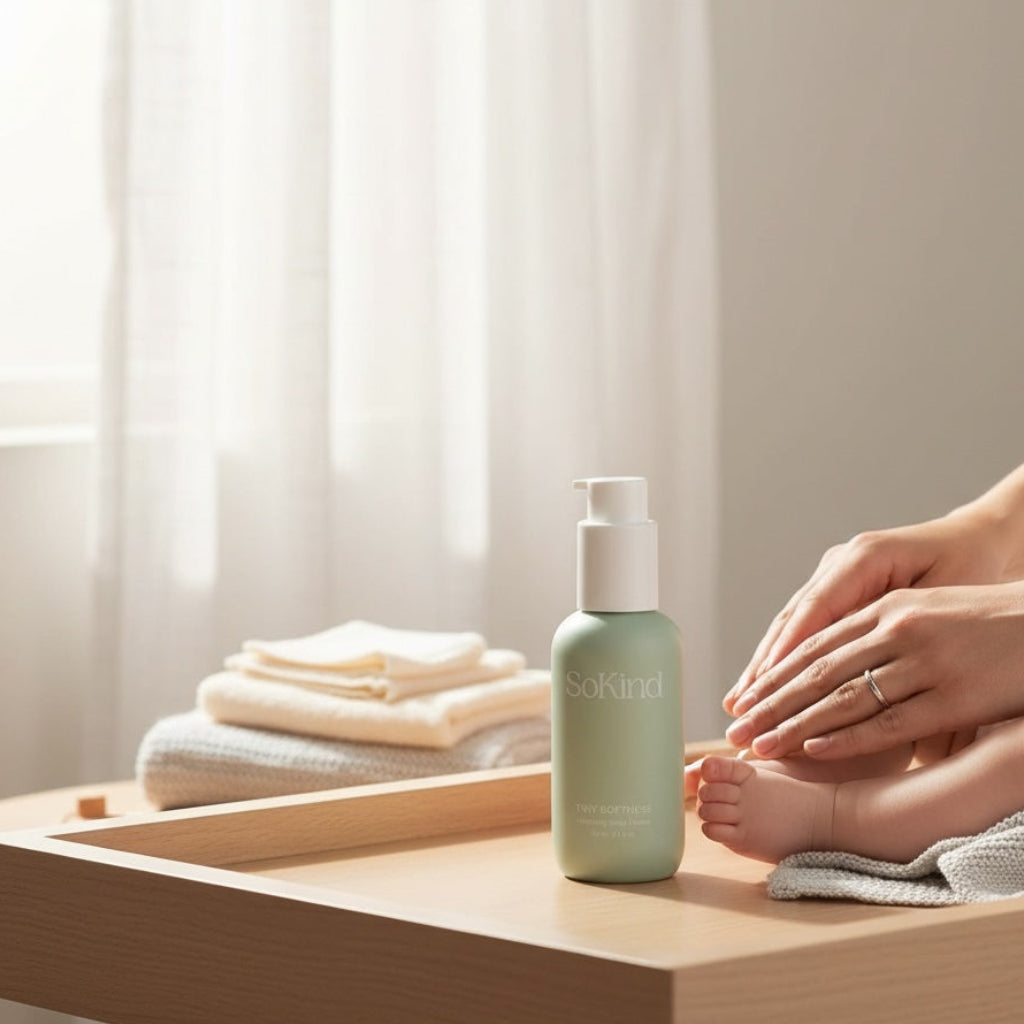 SoKind baby moisturising lotion displayed during gentle baby care, placed on a wooden surface in a light-filled nursery setting.