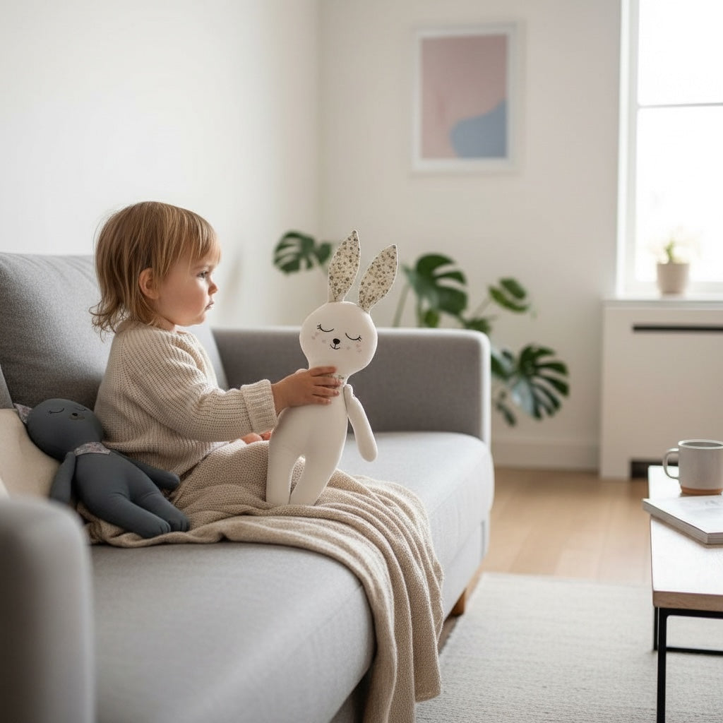 Toddler sitting on a sofa holding a soft bunny doll, with a kitten doll beside them in a calm neutral living room