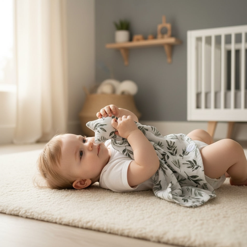 Baby playing with a soft star comfort blanket made from cotton muslin