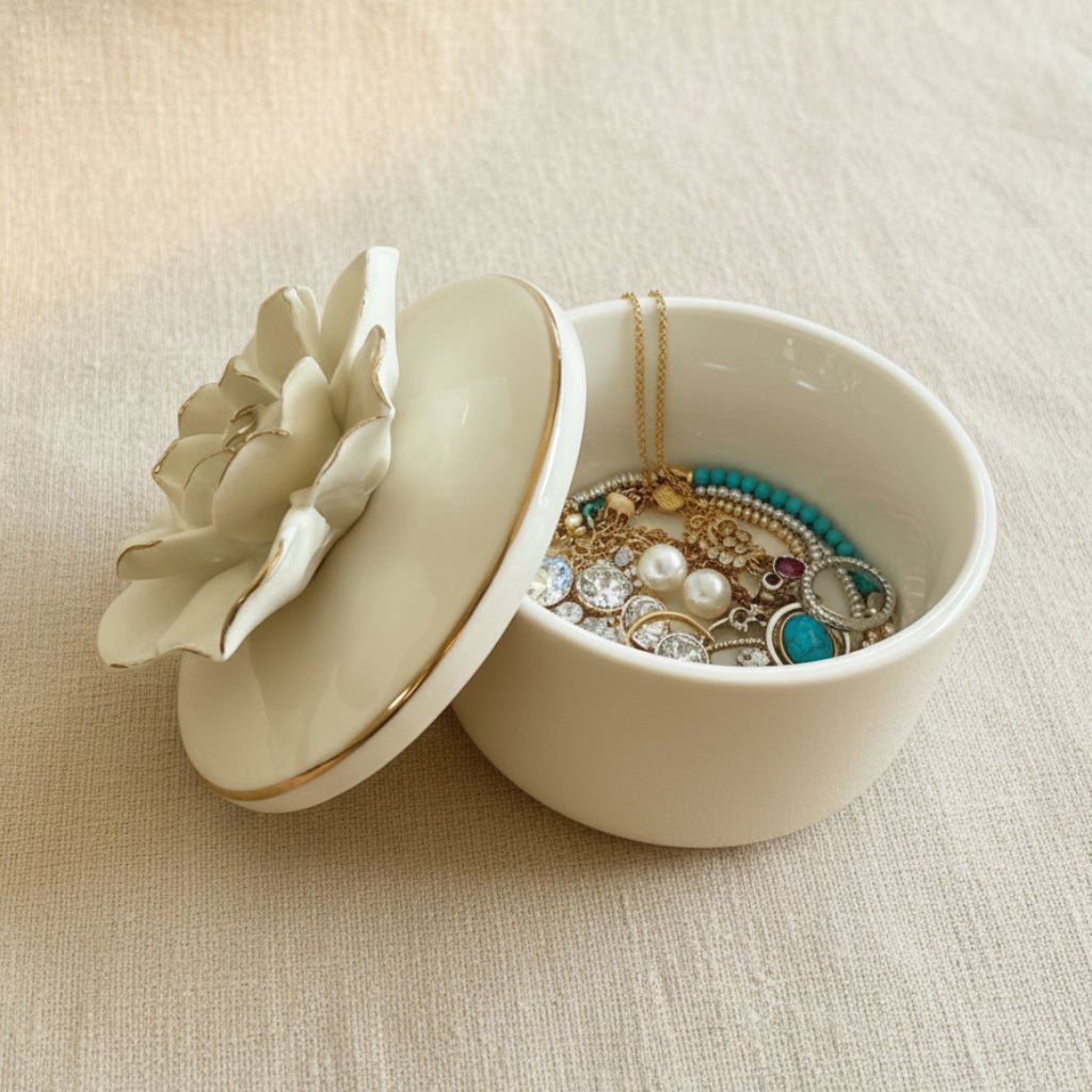 White Ceramic Flower Jewellery Box | Elegant Floral Design - Wrap With Love