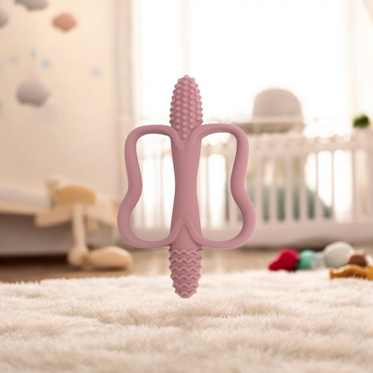 Silicone corn teether for babies, BPA-free textured teething toy in pink 