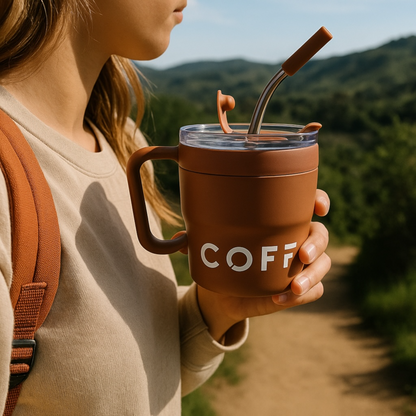 Person holding a brown insulated mug with 'COFFEE' text, outdoors.