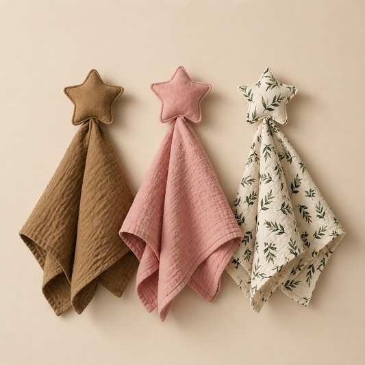 Baby muslin star comforters in beige, dusty pink and botanical print