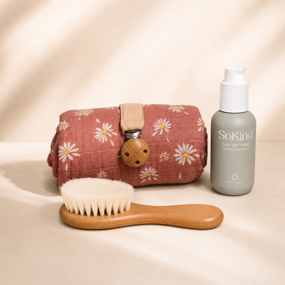 Mini heirloom suitcase blush daisy open showing daisy swaddle and baby essentials | Wrap With Love