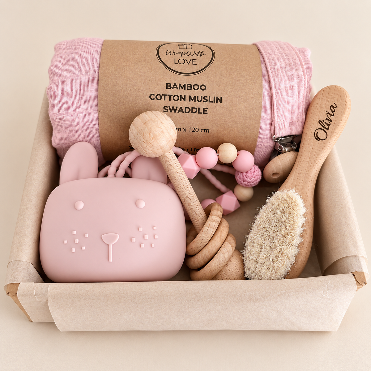 Welcome Baby Hamper in pink with wooden baby brush engraved with a name