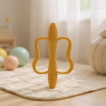 Baby silicone corn teether with textured surface, easy grip teething toy in mustard 