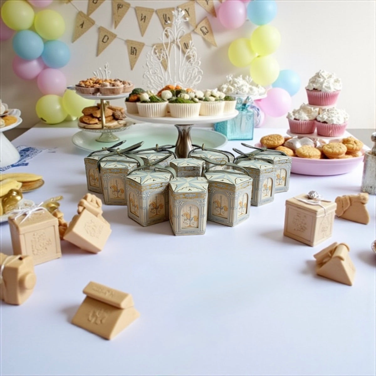 Luxury carousel favor boxes for baby shower in pastel colours