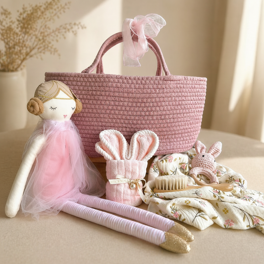 Luxury baby gift hamper with pink woven basket, soft doll in tulle dress, bunny towel, floral muslin blanket , bunny rattle and wooden brush in warm neutral seting