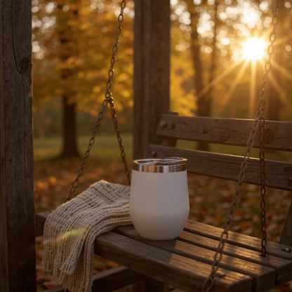 white stainless steel insulated tumbler for hot and cold fronts on a wooden swing