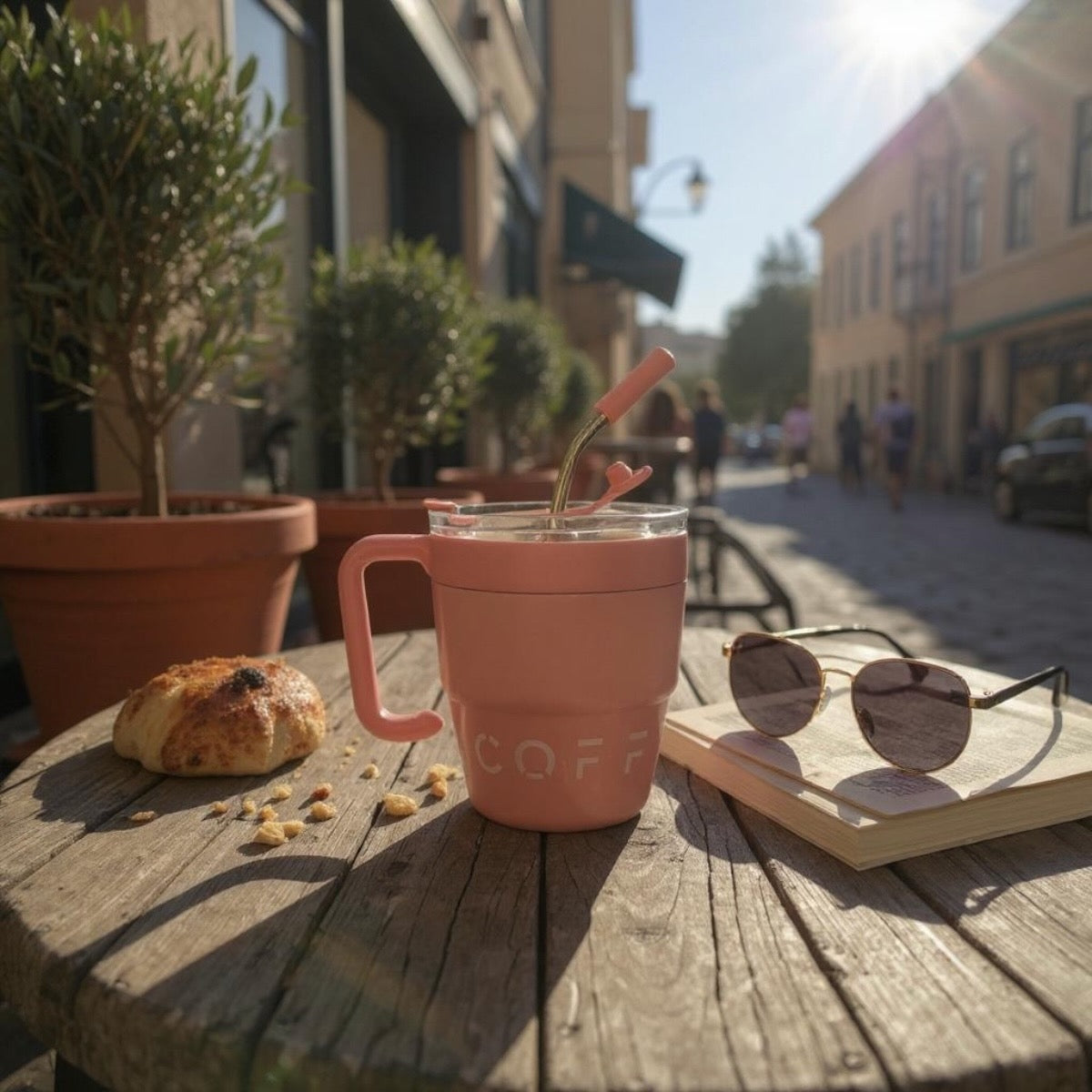 Pink coffee mug with a straw, pastry, sunglasses, and book on a wooden table outdoors.