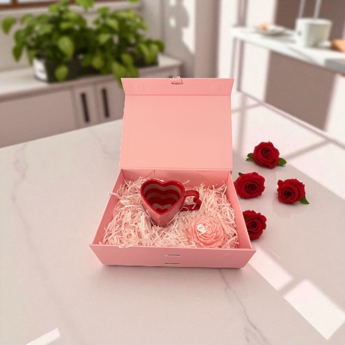 romantic heart mug and rose candle gift box in blush pink packaging