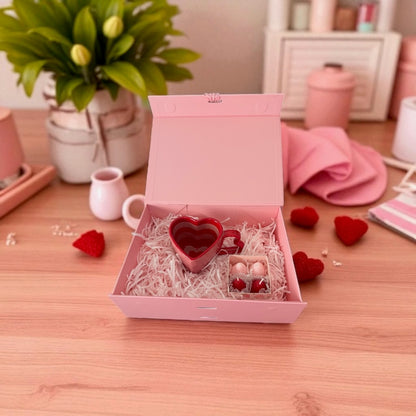 valentine's gift set with heart mug and strawberries candles in pink box
