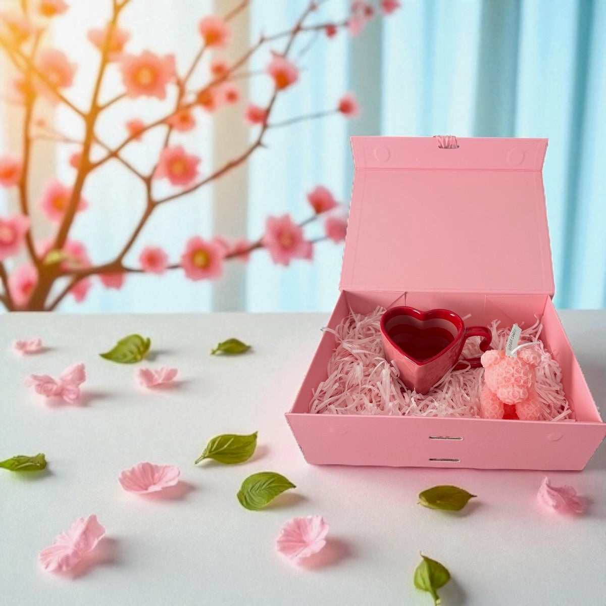 ceramic heart-shaped mug with teddy bear candle gift box in blush pink packaging