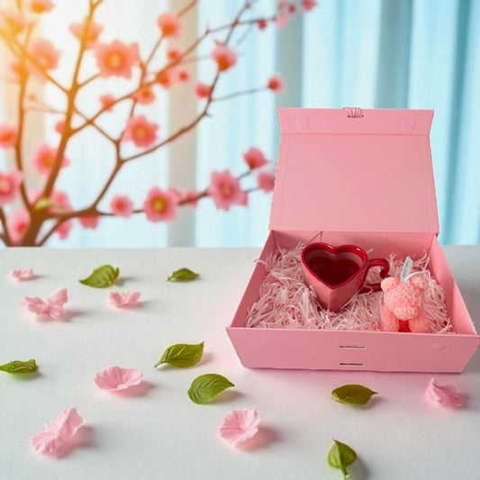 ceramic heart-shaped mug with teddy bear candle gift box in blush pink packaging