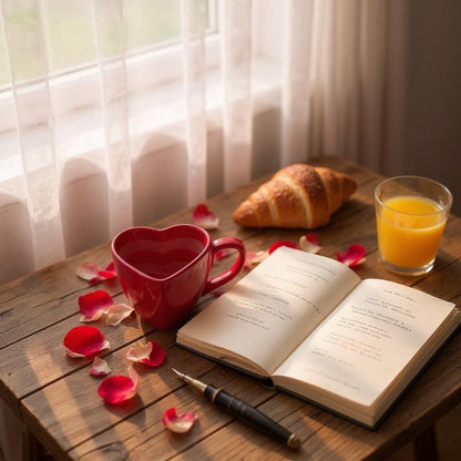 romantic heart-shaped red mug gift set with croissant, book and rose petals