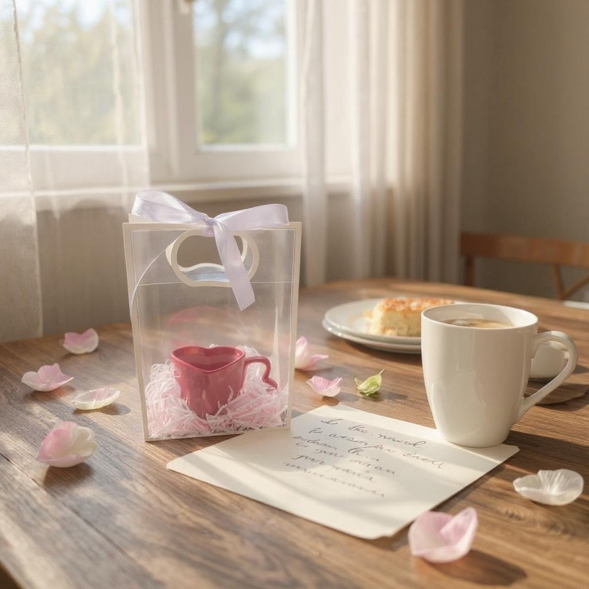 heart mug romantic breakfast scene, perfect gift hamper inspiration