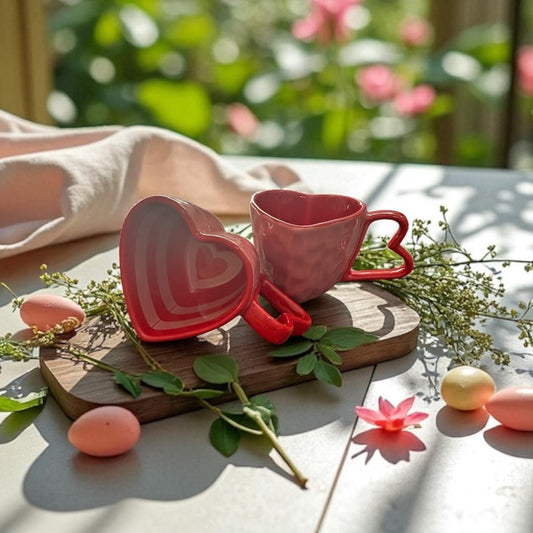 Heart-shaped red mugs on a wooden board with flowers on a light surface.