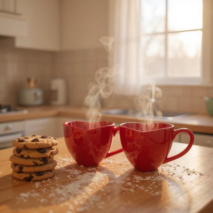 Pair of red heart mugs with steam and cookies, cozy romantic gift scene