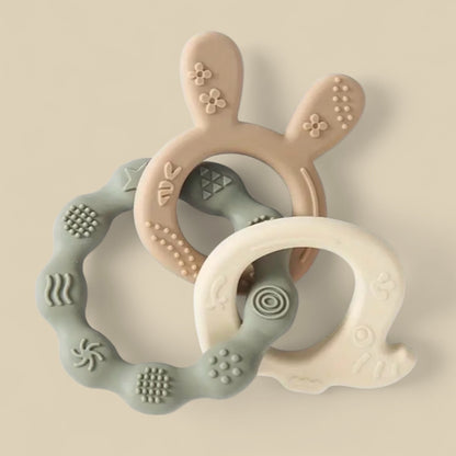Modern silicone teether set for babies, eco-friendly and BPA- free designed by Wrap With Love for gentle comfort
