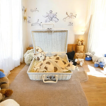 Bunny snuggle blanket with honey bear print, soft cotton baby comforter