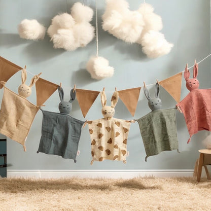 Bunny snuggle blankets in neutral colours, baby comforter made from soft cotton fabric