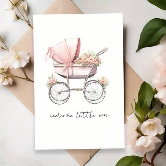 🍼 Welcome Little One – Vintage Baby Pram Card