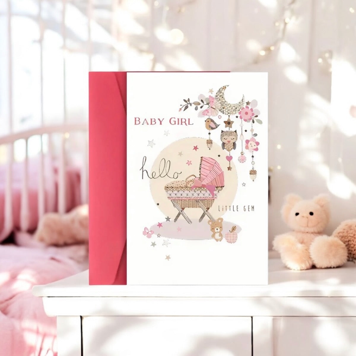Baby girl greeting card with pink stroller, floral details, and golden moon design-newborn gift