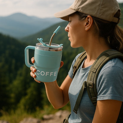 Person holding a teal mug with 'COFFEE' on it, standing in a mountainous landscape.