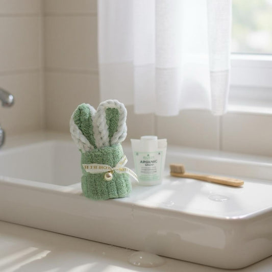 Sage green mini baby washcloth folded into bunny-ear shape with ribbon, soft absorbent cloth perfect for baby shower gift