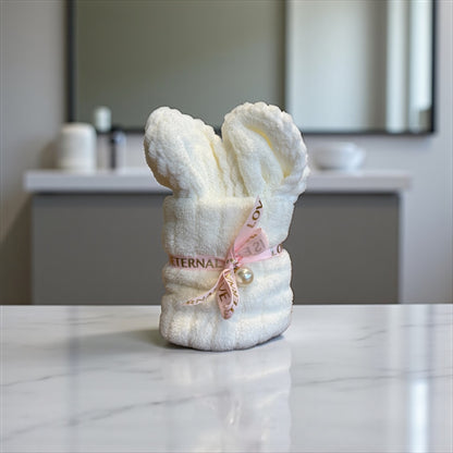 Ivory mini baby washcloth with bunny-ear fold and ribbon, soft newborn washcloth for baby gift hampers