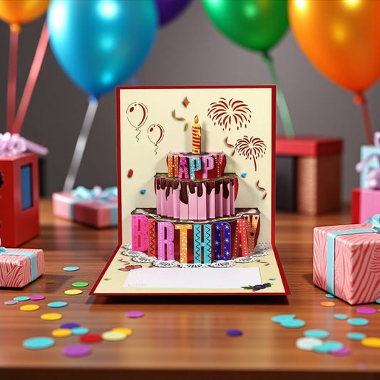 3D pop-up birthday card with colourful cake and balloons 