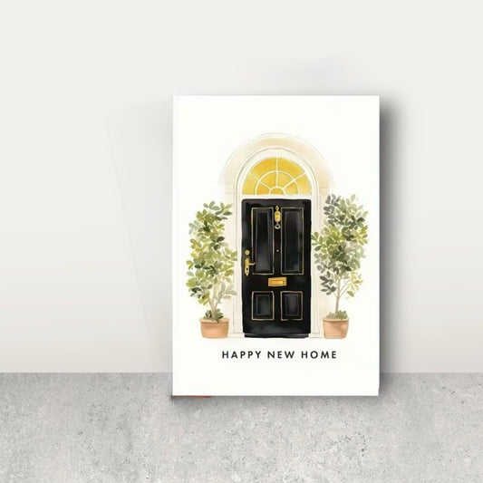 New home greeting card with front door design and kraft brown envelope