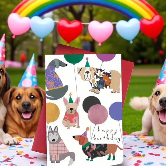 Cute dog birthday card with balloons and party hats
