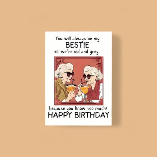 Funny best friends birthday card with retro ladies illustration 