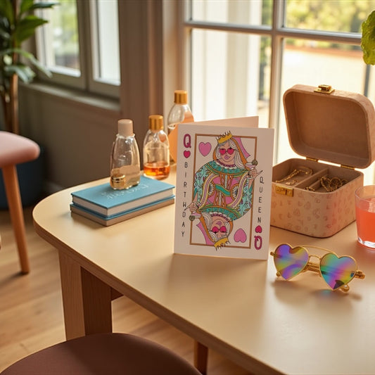 Birthday queen playing card style greeting card on table
