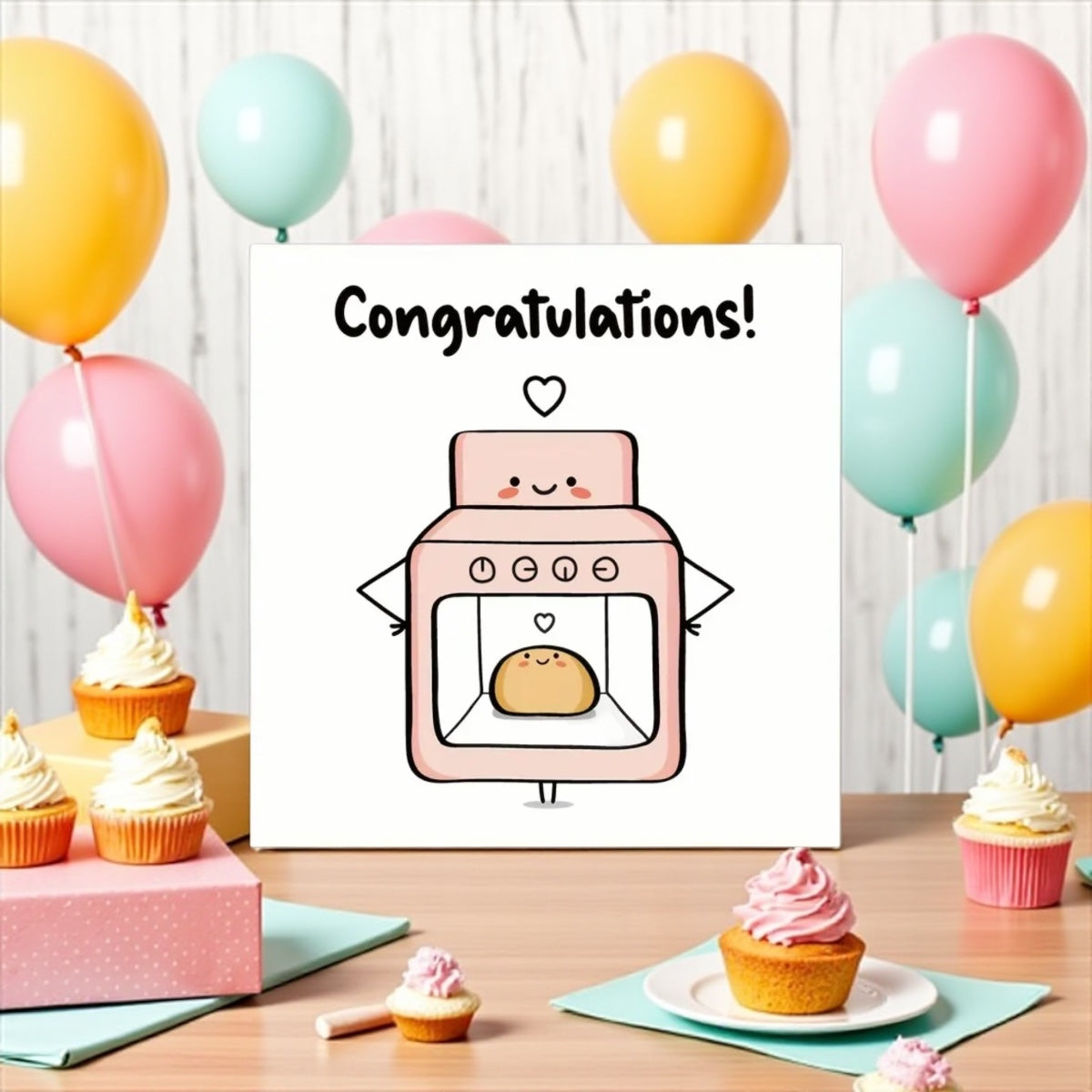 Cute pregnancy announcement card with oven illustration
