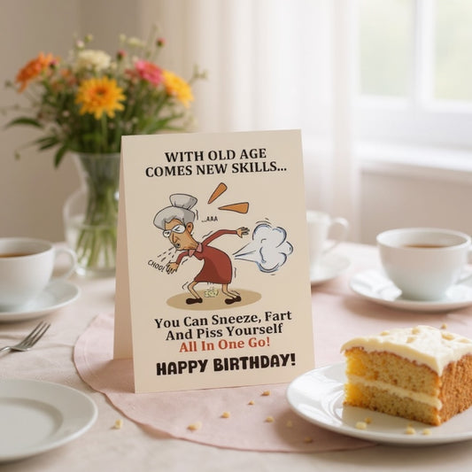 Funny birthday card for her- old age superpowers design