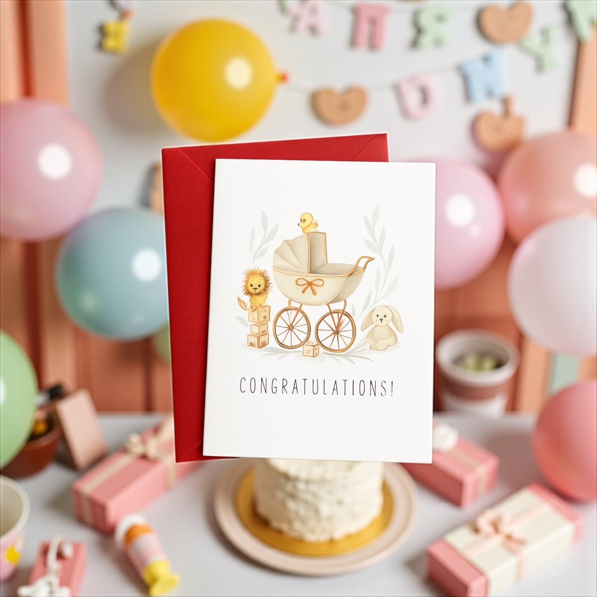 New baby congratulations card- pram and animals design