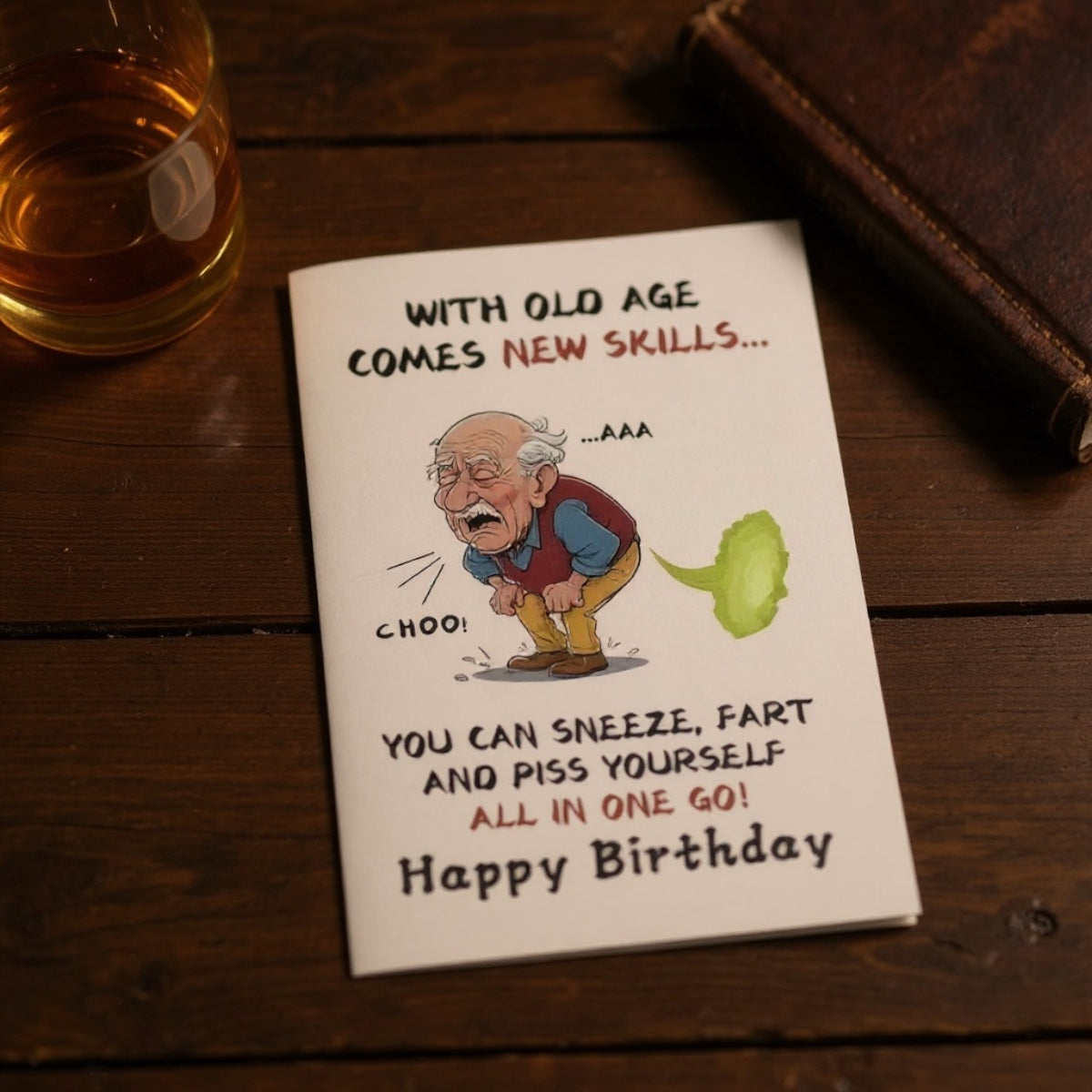 Funny birthday card- old age new skills humour design