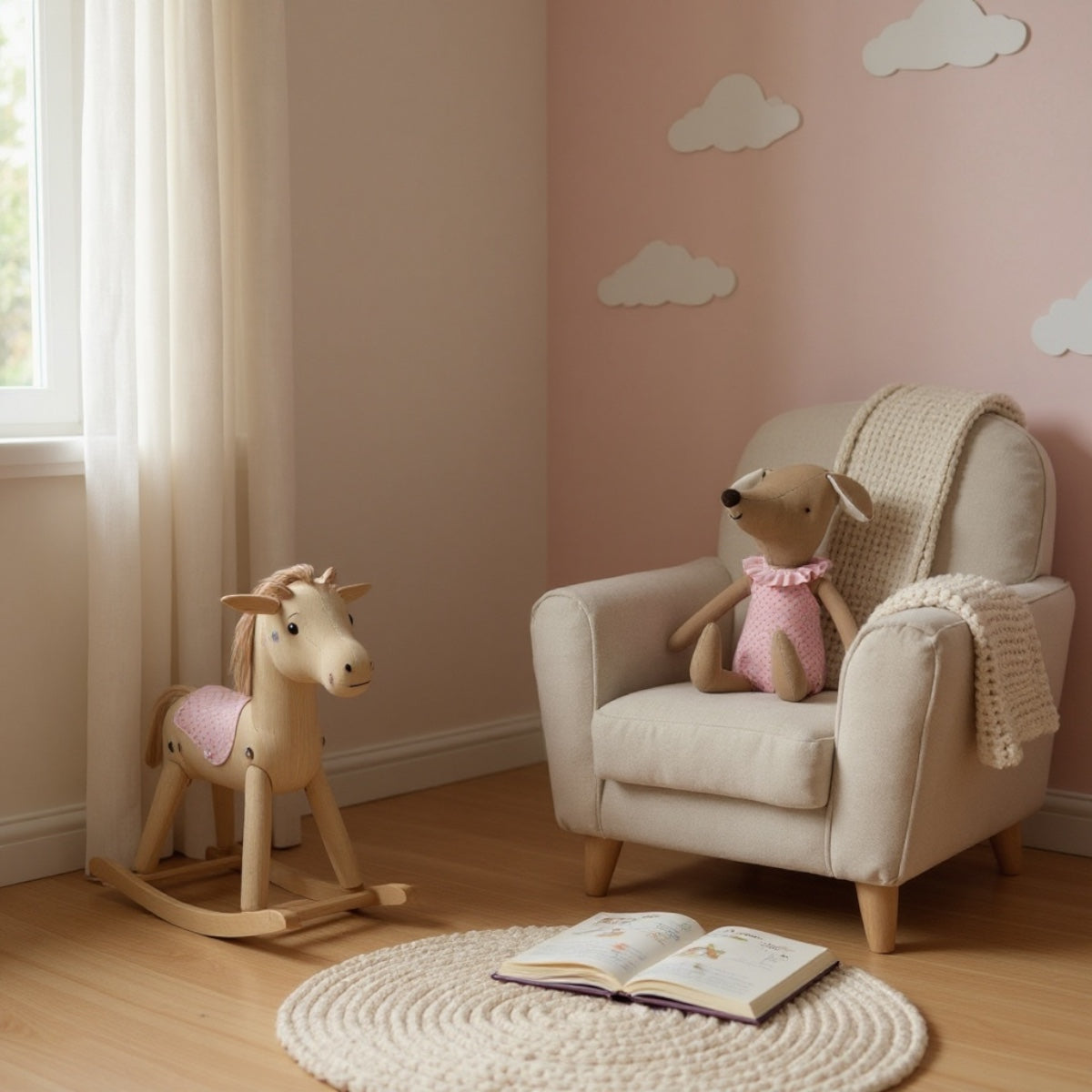 Plush mouse doll in pink romper on armchair