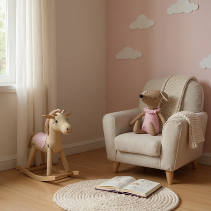 Handcrafted soft mouse doll sitting in a nursery armchair, handmade baby comfort toy in pink outfit