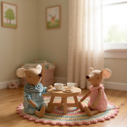 Handcrafted soft mice dolls sitting at a table in a nursery setting, handmade plush toys for babies