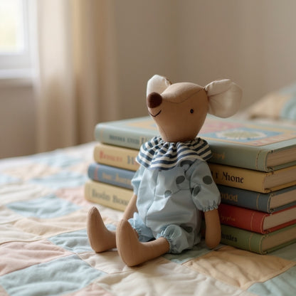 Handcrafted soft mouse doll wearing blue outfit, handmade plush baby toy styled on bedding 