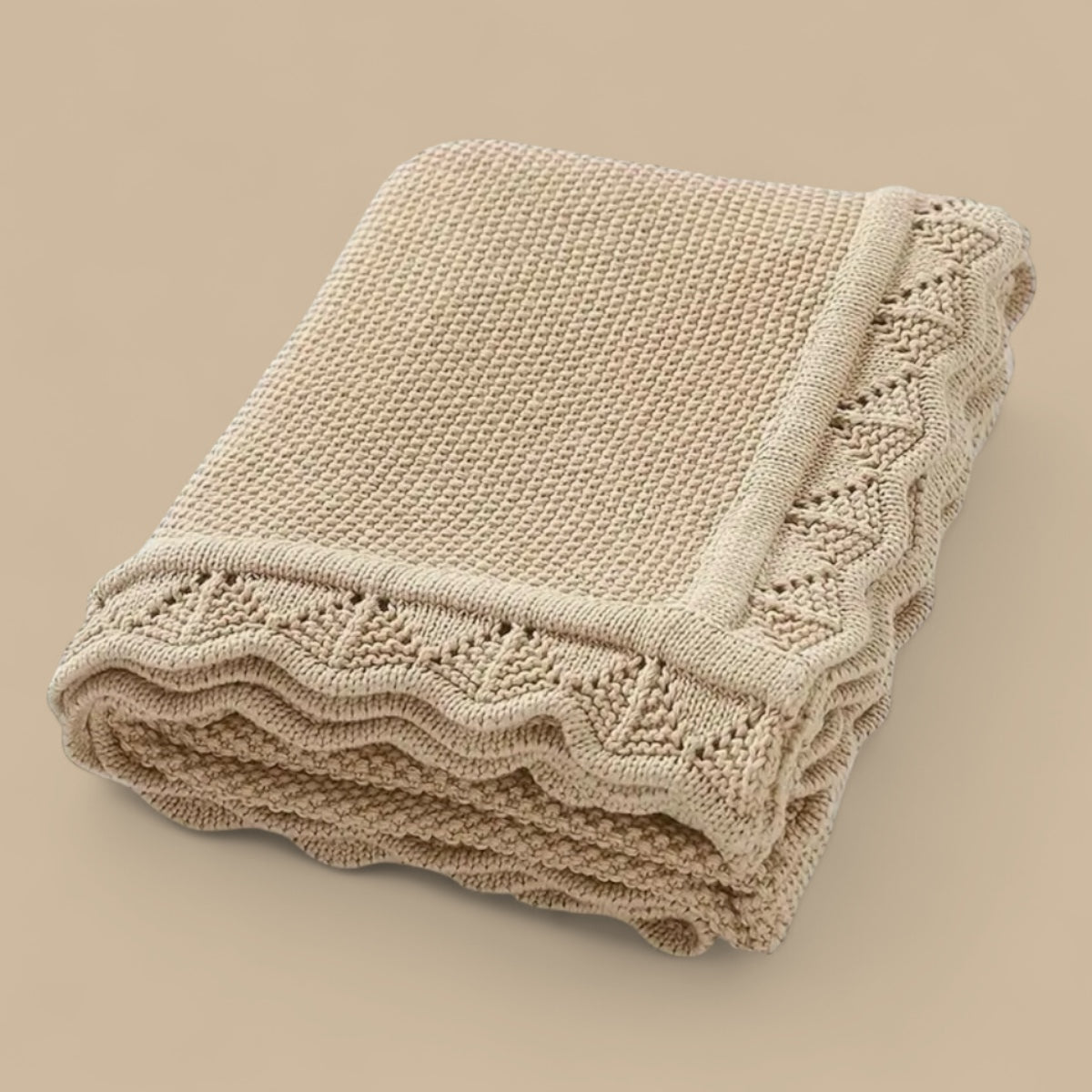 Camel soft knit baby blanket with openwork pattern, ideal for newborn use