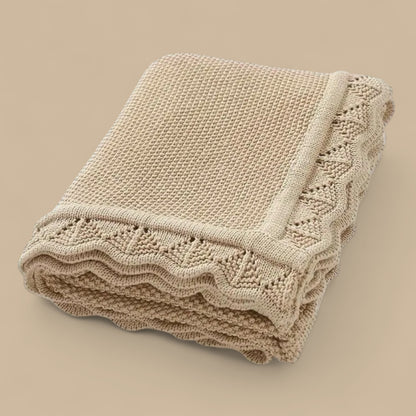 Camel soft knit baby blanket with openwork pattern, ideal for newborn use