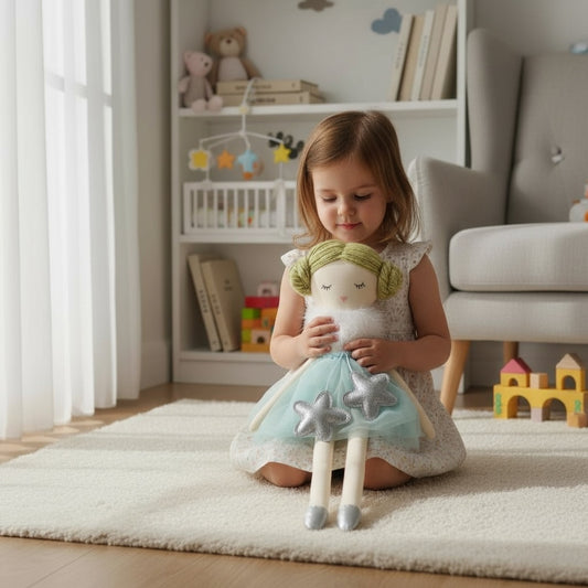 Child sitting on rug holding an aqua soft doll for gentle play