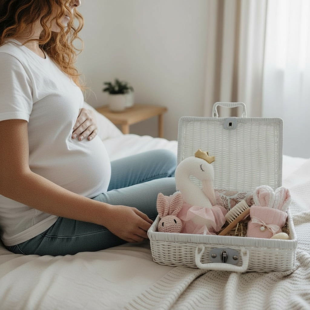 Lifestyle image of a pregnant woman resting on a bed with a luxury baby gift hamper beside her, styled for a newborn girl.